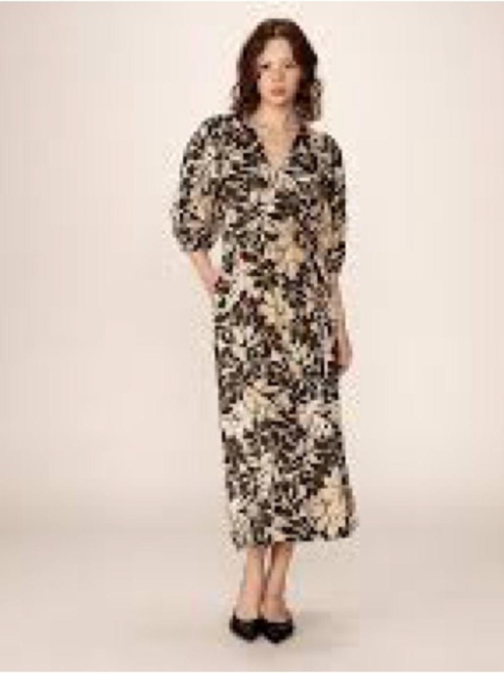 Grace & Mila Black Cream Floral V-Neck Short Sleeve Maxi Dress Size S